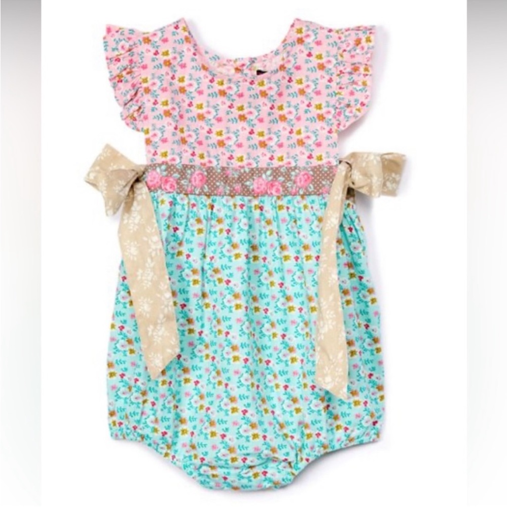 Mustard Pie baby boutique pink and sea foam green floral button back romper